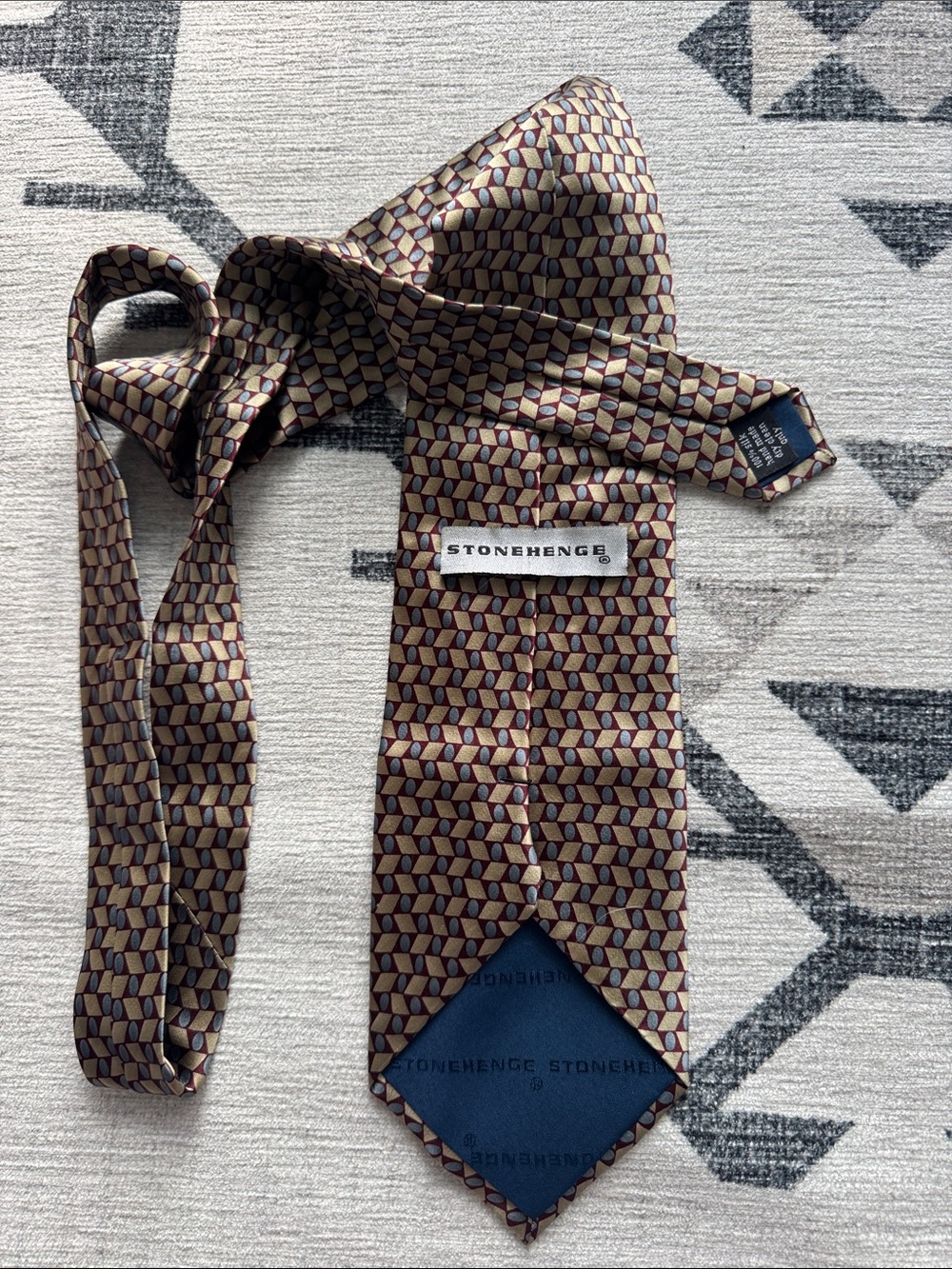 Stonehenge 100% Silk Geometric Tie Burgundy Gold Blue Made in Italy
